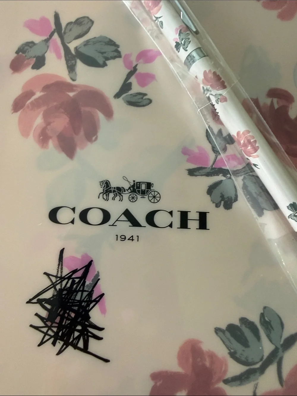 COACH White Floral Folder with Pink Rose Print and Matching Pen